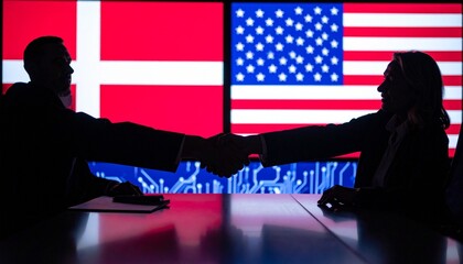 Silhouetted professionals shaking hands at a laptop-equipped desk in front of glowing digital USA and Denmark flags