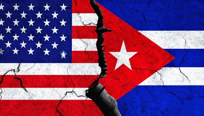 United States and Cuba national flags separated by a deep crack on a weathered, textured wall symbolizing diplomatic rift