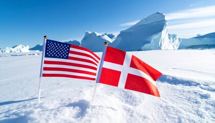 United States and Denmark national flags planted in a vast, snow-covered Arctic landscape with icebergs