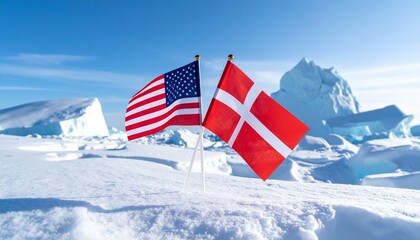 United States and Denmark national flags planted in a vast, snow-covered Arctic landscape with icebergs