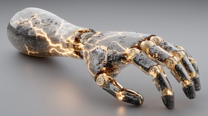 A metallic robotic arm with intricate details and glowing energy discharges displays a complex design against a neutral backdrop.