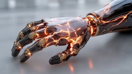 A detailed close-up view of a highly advanced robotic hand, featuring intricate mechanical elements and vibrant glowing energy.