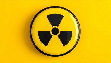 Large glossy yellow button featuring the black universal radiation symbol on a vibrant yellow background