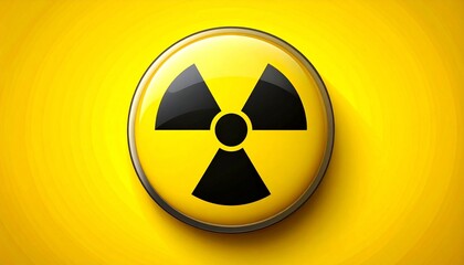 Large glossy yellow button featuring the black universal radiation symbol on a vibrant yellow background