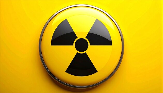 Large glossy yellow button featuring the black universal radiation symbol on a vibrant yellow background