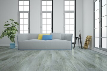 modern room with sofa with pillows, table with plate and vase with branches interior design. 3D illustration