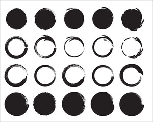 An arrangement of abstract circular brushstroke designs in varying styles and darkness levels