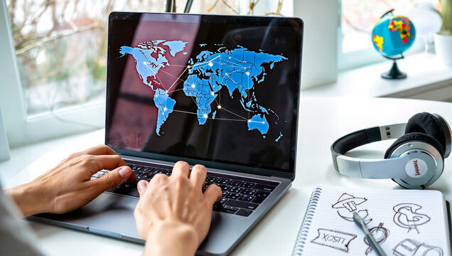 Global business network and supply chain concept. International logistics, trade, and connection technology shown on a world map on a laptop.
