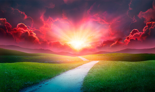 Heart In Clouds At Sunset With Road Or Path Of Love - Valentines Day - Go Where Your Heart Takes You