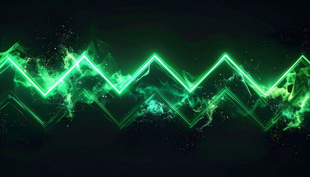 Abstract Green Neon Zigzag Design on Dark Smoky Background