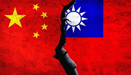 China and Taiwan Flags Separated by Deep Vertical Crack on Distressed Texture Background