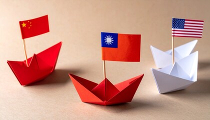 China Taiwan and USA Flags on Paper Boats Representing Geopolitical Navigation and Maritime Tension