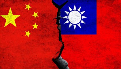 China and Taiwan Flags Separated by Deep Vertical Crack on Distressed Texture Background