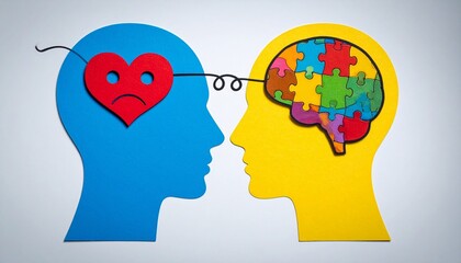 Human Profile Silhouettes with Heart and Puzzle Brain Representing Emotional Intelligence and Mental Health