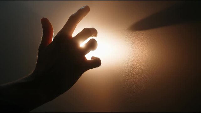 Hand Reaching for Light in Dark Room, Hope and Spirituality Concept.