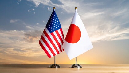 United States and Japan National Flags on Desk Stands with Sunset Sky Background