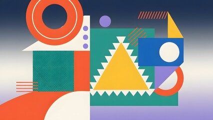 Bold geometric abstract composition with vibrant orange circles, yellow triangle, teal textured blocks, blue rectangle, purple accents, and dynamic red lines on a dark blue-to-purple gradient backgrou