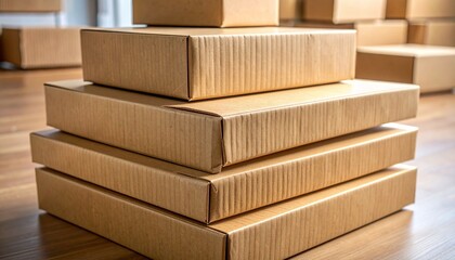 Stack of Four Flat Brown Corrugated Cardboard Boxes for Shipping and Packaging