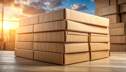 Stack of Four Flat Brown Corrugated Cardboard Boxes for Shipping and Packaging