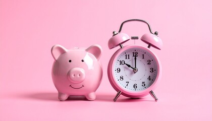 Pink Piggy Bank and Alarm Clock on Pink Background Representing Time Management and Financial Savings