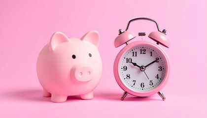 Pink Piggy Bank and Alarm Clock on Pink Background Representing Time Management and Financial Savings