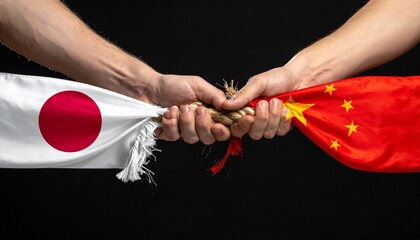 Japan and China Flags Tied with Frayed Rope Representing Geopolitical Tension and Rivalry