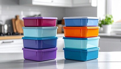 Two Stacks of Colorful Transparent Plastic Food Storage Containers with Airtight Lids