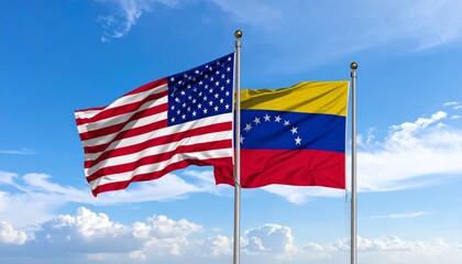 United States and Venezuela National Flags Waving on Flagpoles Against a Blue Sky