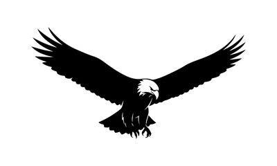 Obraz premium A majestic eagle, with its powerful wings fully outstretched, dominates the sky in a dramatic black and white silhouette, symbolizing freedom, strength, and unwavering vision.