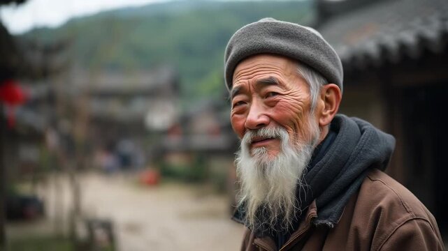 Elderly chinese man with long white beard smiling gently at camera, standing in traditional hutong alley with red lanterns, ancient courtyard houses