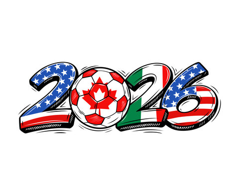 World Cup Soccer 2026. Numbers in the colors of the host countries: Canada, USA, Mexico. Vector illustration isolated on white background for print.