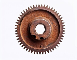 a heavily rusted old metal gear wheel with worn teeth isolated against a solid isolated on white background perfect cutout