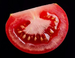 a fresh juicy red tomato wedge is isolated against a black background showing its vibrant flesh pulp and seeds in a detailed close up view