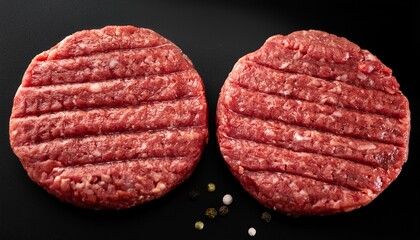two fresh raw ground beef patties are shown close up against a solid black background ready for grilling or cooking
