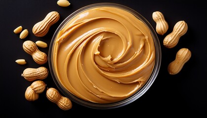 a delicious dollop of smooth creamy peanut butter is artfully swirled and smeared isolated on a stark black background
