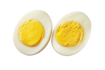 Halves of a hard boiled egg isolated on transparent background. Two halves of a boiled egg with yellow yolk isolated on white background.