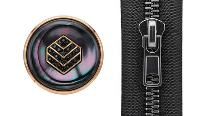 Black button and zipper isolated on transparent background in a studio shot