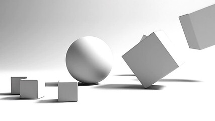 3D geometric white shapes bouncing and colliding on white background, minimalist abstract physics simulation