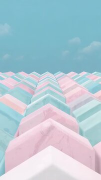 Vertical video: Shifting camera moving up center ridge, showing pink-blue gables turquoise sky pole