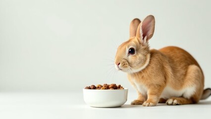Small pet rabbit with full bowl of dry food on light background. Perfect banner for veterinary clinic or pet store advertising small animals. copy space, free space for text