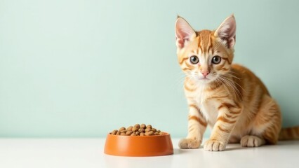Small red striped kitten with full bowl of dry food on light background. Perfect banner for veterinary clinic or pet store advertising and promotion. copy space, free space for text