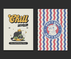 cute chill animal illustration set with relaxed retro cartoon characters, perfect for posters, wall art, and t-shirt, vector illustration