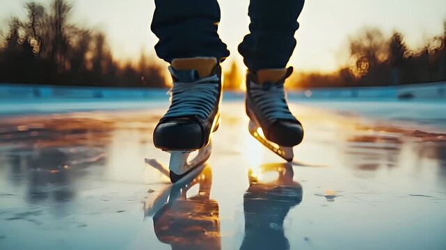 A closeup shot of ice skates on a frozen surface during sunset. The skates are positioned in the foreground, with the skaters legs and feet visible.