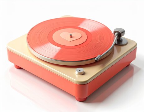 Vintage Turntable with Salmon Red Vinyl Record on White Surface