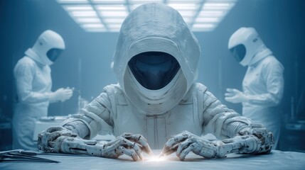 Focused astronaut researchers in a futuristic laboratory, meticulously working on a project, highlighted by the illumination emanating from their task.