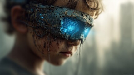 Close-up portrait of a child wearing futuristic, distressed goggles, showcasing intricate technological details and a melancholic mood.