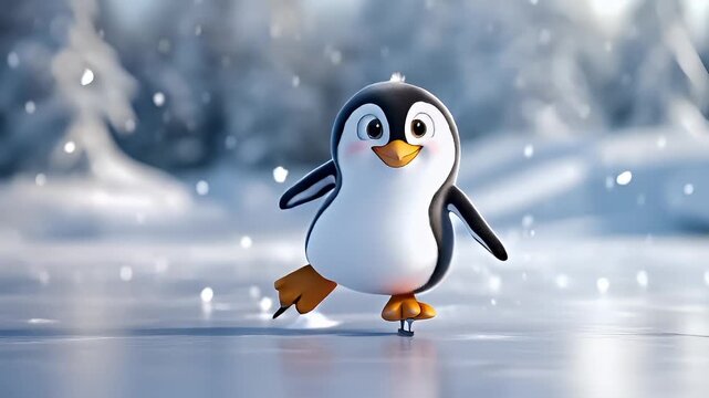 A 3D animated penguin character in a snowy environment. The penguin is depicted in a dynamic pose, with one foot raised and the other planted firmly on the ice, suggesting movement.