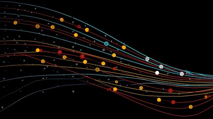 Vibrant multicolored lines and dots on black background for tech designs