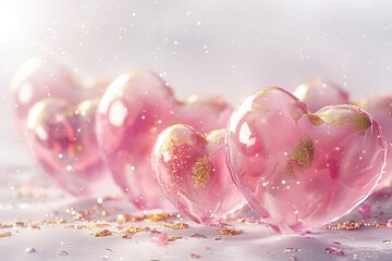 Pink glass heart decorations with gold flecks, soft glow and romantic sparkle for Valentine décor