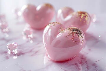 Pink glossy heart sculptures with gold glitter on marble surface evoke romance and celebration